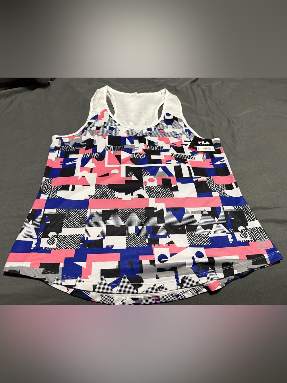 Fila Women’s White Racerback Tank with Pink, Blue & Black Geometric Print